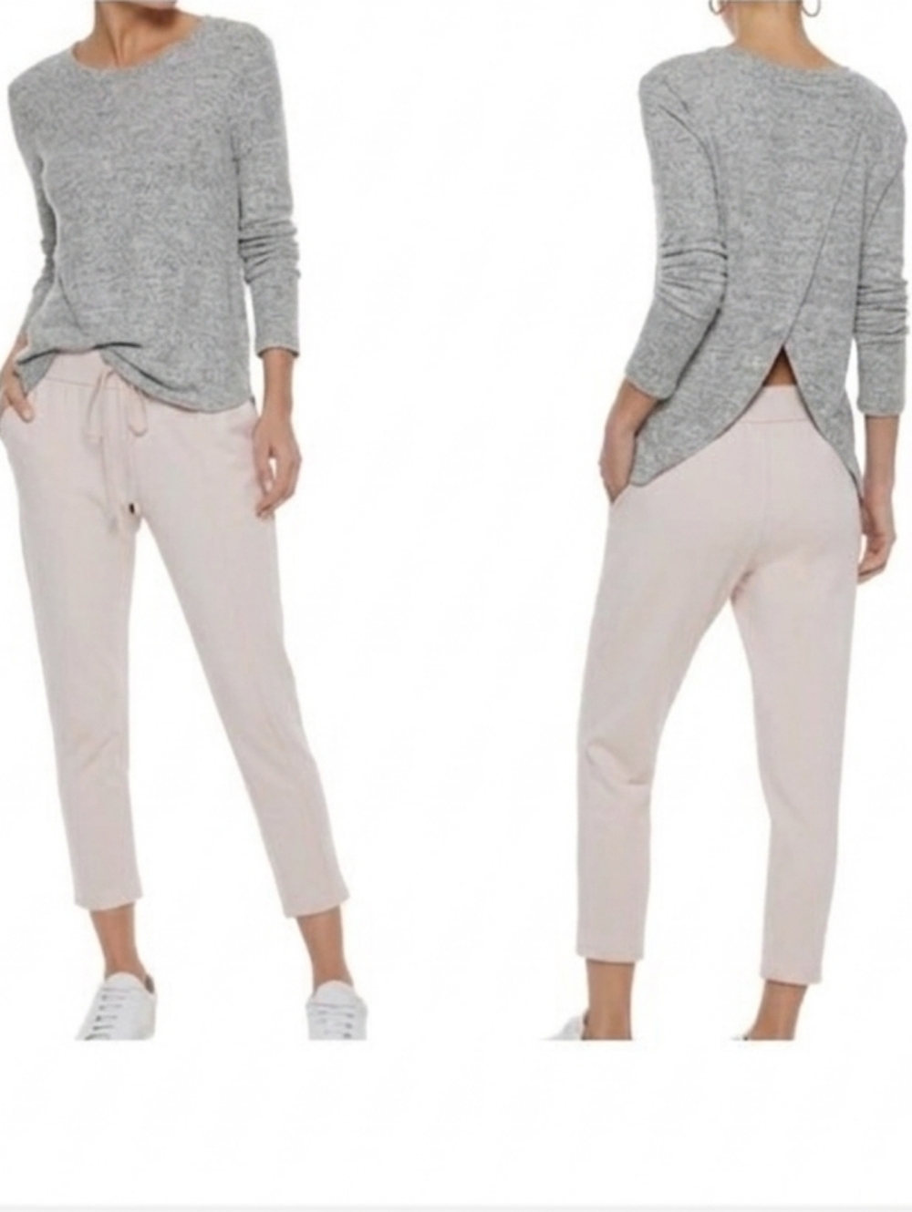Enza Costa Gray Cotton Cashmere Long Sleeve Crossover Back Tee Size L/XL